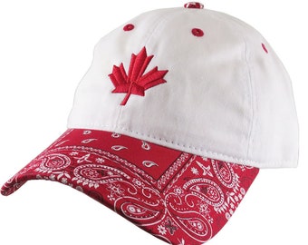 Red Canadian Maple Leaf Embroidery on a Red and White Bandanna Adjustable Unstructured Baseball Cap Dad Hat with Options to Personalize