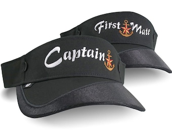 Captain and First Mate Nautical Star Anchor Embroidery Couple Black Visor Caps Duo Set of 2 Adjustable Elegant Fashion Sun Hats