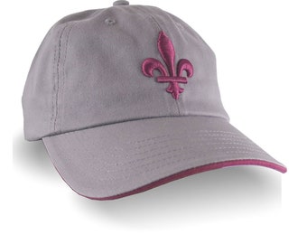 Quebec Style Fleur de Lis 3D Puff Ruby Red Raised Embroidery on an Adjustable Grey Unstructured Dad Hat Style Baseball Cap with Options