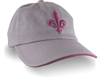 Quebec Style Fleur de Lis 3D Puff Ruby Red Raised Embroidery on an Adjustable Grey Unstructured Dad Hat Style Baseball Cap with Options