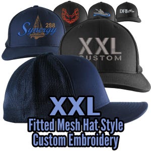 May include: A selection of navy blue, black, and red mesh baseball caps with custom embroidery. The caps feature the text "XXL Custom" and "Synergy 288".