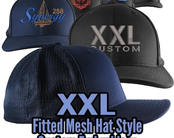 2XL Size Hats for Larger Head with Custom Text or Custom Logo Embroidery XXL Structured Fitted Classic Black or Navy Mesh Baseball Cap