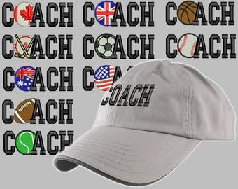 Custom Personalized Coach Embroidery on an Adjustable Unstructured Grey Baseball Cap Dad Hat Front Decor Selection + Options for Side + Back