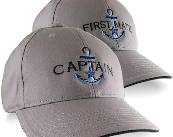Nautical Star Anchor Captain and First Mate Embroidery 2 Adjustable Charcoal Structured Baseball Caps Options Personalize Both Hats