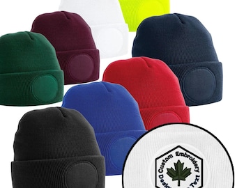 Custom Text Logo Embroidery on Smooth Round Patch 100% Acrylic Beanie Cuff Toque