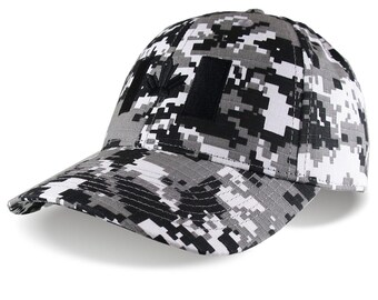 Canada Flag Black Embroidery on an Adjustable Structured Classic Tactical Black and White Digital Camo  Baseball Cap with Options