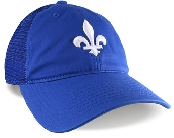Quebec New Orleans White Fleur de Lys 3D Puff Embroidery on an Adjustable Royal Blue Unstructured Low Profile Sporty Trucker Mesh Cap