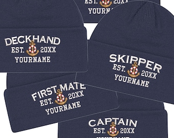 Personalized Nautical Captain Crew Custom Embroidery on 100% Acrylic Beanie Large Cuff Toque in Navy or Black with Options to Personalize.
