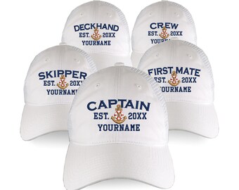 Custom Personalized Captain First Mate Skipper Deckhand Crew Embroidery on an Adjustable Unstructured White Cotton Trucker Mesh Cap