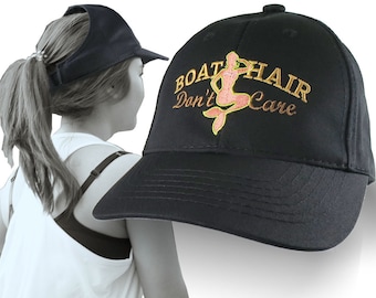 Boat Hair Don't Care Nautical Blue Mermaid Embroidery on an Adjustable Black Structured Ponytail Hairdo Women Open Fashion Baseball Cap