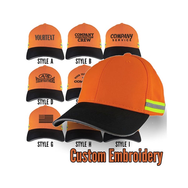 Custom Personalized Black Embroidery on an Adjustable Safety Orange Reflective Full Fit Baseball Cap Choice of 9 Front Construction Decors