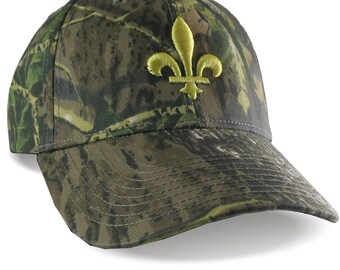 Quebec Fleur de Lys 3D Puff Raised Embroidery on an Adjustable Woodsman Green Camo Baseball Cap with Options to Personalize