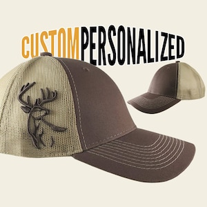 Custom Personalized White Tail Deer 3D Puff Embroidery on Adjustable Full Fit Brown Trucker Cap with Your Choice of Front Decors Hunting Hat