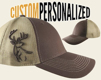 Custom Personalized White Tail Deer 3D Puff Embroidery on Adjustable Full Fit Brown Trucker Cap with Your Choice of Front Decors Hunting Hat