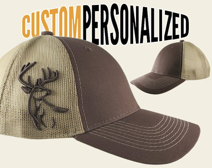 Featured listing image: Custom Personalized White Tail Deer 3D Puff Embroidery on Adjustable Full Fit Brown Trucker Cap with Your Choice of Front Decors Hunting Hat