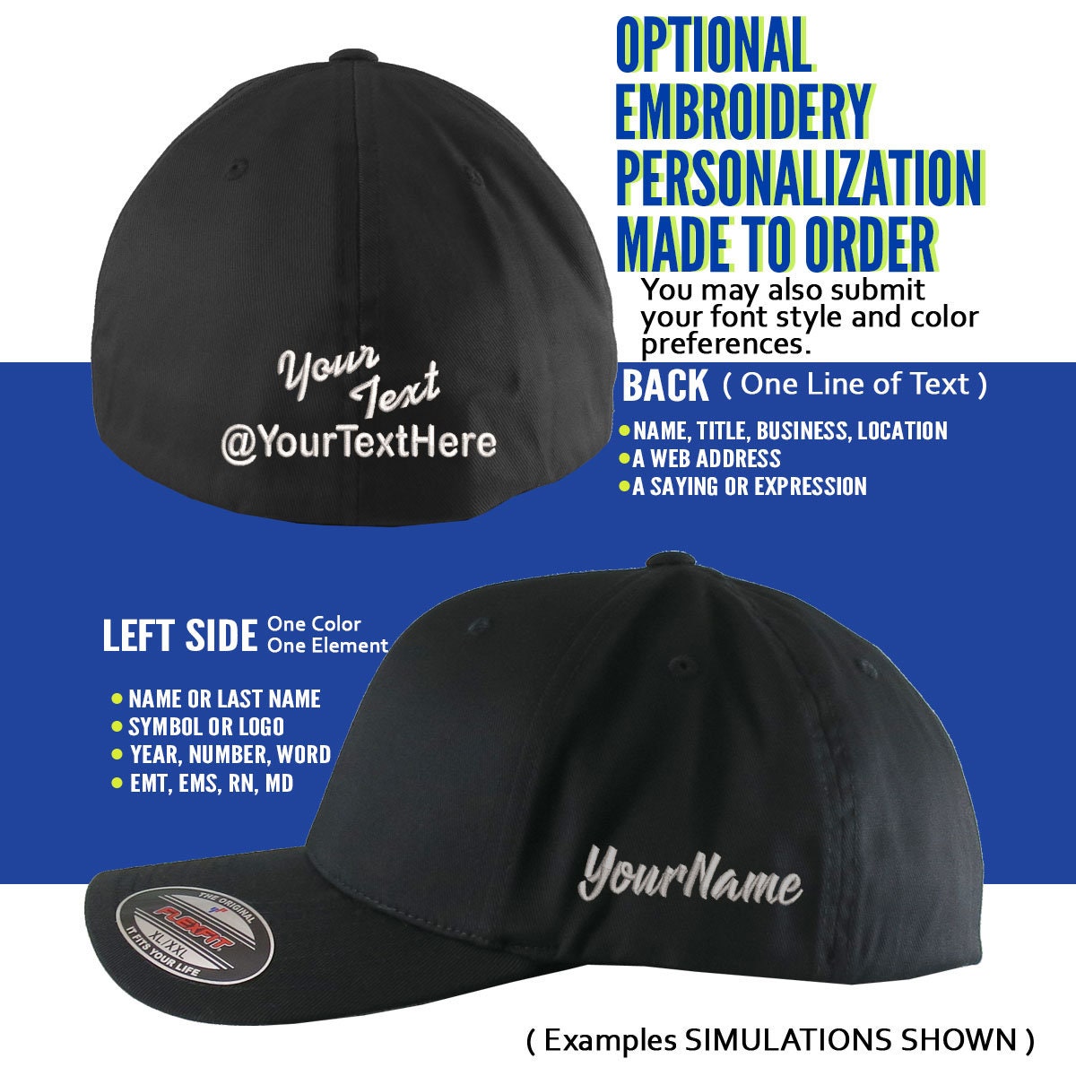 Custom Embroidery on an Oversized Large Head Double XL Fitted Structured  XXL Yupoong Black Royal Blue Baseball Cap Personalization Options 