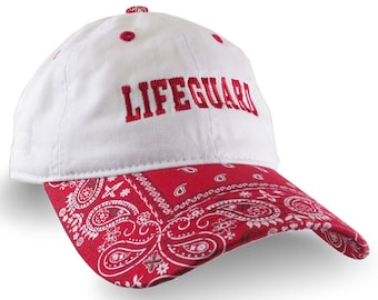 Lifeguard Embroidery on a Red and White Bandanna Adjustable Unstructured Baseball Cap Dad Hat with Options to Personalize