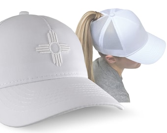 Zia New Mexico 3D Puff White Embroidery on an Adjustable White Structured Trucker Style Snap-back Ponytail Baseball Cap