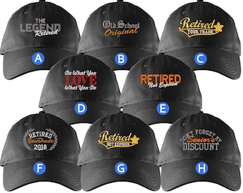 Custom Retirement Embroidery Design Black Unstructured Classic Adjustable Baseball Cap Selection of 8 Designs Some Personalized + Options