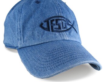 Jesus Ichthys Fish Design Embroidery on an Adjustable Unstructured low profile Denim Dad Hat Style Ball Cap