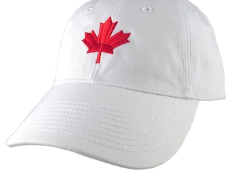 Canadian Red Maple Leaf Canada Embroidery on an Adjustable White Unstructured Classic Baseball Cap with Options to Personalize This Hat