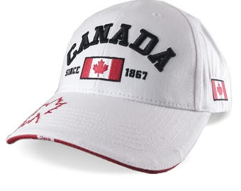 Canada Multiple Locations Embroidery on Adjustable White Structured Classic Fit Baseball Cap Options to Personalize with Name and Text