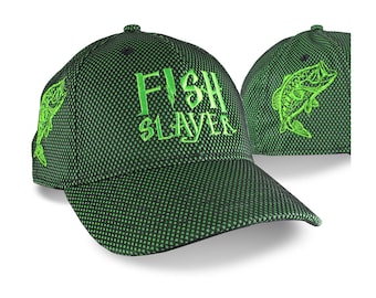 Custom Fish Slayer 3D Puff Bass Embroidery on an Adjustable Structured Kelly Green Mid-Profile Baseball Cap Fishing in Style with Options