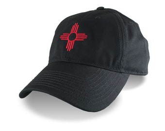 New Mexico State Flag Symbol Red Embroidery Design on an Adjustable Black Unstructured Classic Baseball Cap Dad Hat