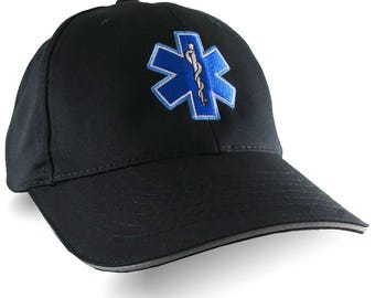 Paramedic EMT EMS Star of Life Embroidery Reflective Trim Black Structured Adjustable Baseball Cap with Personalization Options