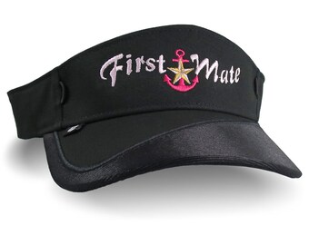 First Mate Nautical Star Anchor Embroidery on a Black Adjustable Visor Cap Elegant Fashion Sun Hat