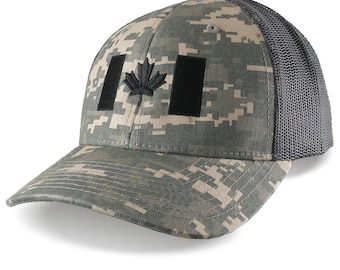 Canada Flag Black Embroidery on an Adjustable Structured Classic Tactical Khaki Charcoal Digital Camo Trucker Mesh Cap