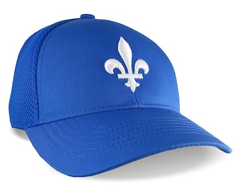 White Fleur de Lys 3D Puff Embroidery Quebec New Orleans on an Adjustable Royal Blue Structured Sporty Mesh Ball Cap