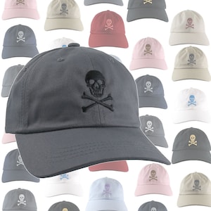 May include: A collection of 20 baseball caps in various colors, each featuring a black embroidered skull and crossbones design. The caps are made of a soft, comfortable cotton fabric and are perfect for everyday wear.