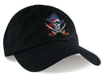 Jolly Roger Skull Crossbones Pirate Captain Embroidery on a Black Adjustable Unstructured Baseball Caps Dad Hat Style with Options