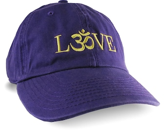 Love Om Symbol Golden Embroidery on a Purple Adjustable Unstructured Dad Hat Style Baseball Cap with Options