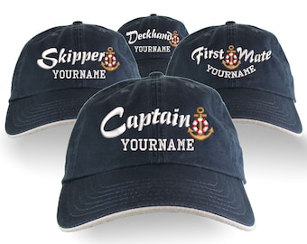 Custom Personalized Captain First Mate Skipper Deckhand Embroidery Adjustable Unstructured Navy Blue Baseball Cap Dad Hat Style with Option