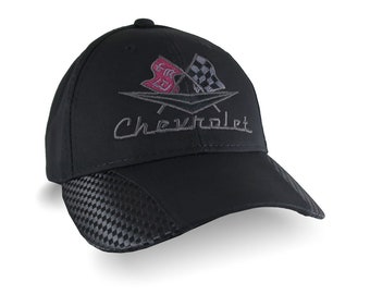 Vintage Chevrolet Embroidery on an Adjustable Structured Fashion Ball Cap in Black Faux Carbon Fiber Trimmed Cap Personalization Options