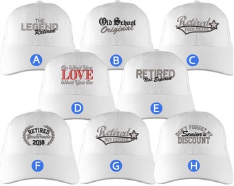 Custom Retirement Embroidery Design on a White Structured Classic Adjustable Baseball Cap Selection of 8 Designs Some Personalized + Options