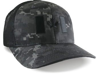 Canada Flag Black Embroidery on an Adjustable Structured Classic Tactical Black Charcoal Digital Camo Trucker Mesh Cap