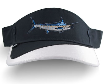 Blue Marlin Fish Nautical Embroidery on a Navy Blue and White Visor Adjustable Elegant Fashion Sun Hat