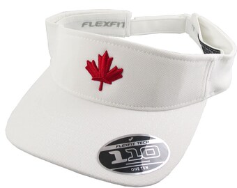 3D Puff Red Maple Leaf Embroidery on an Adjustable Sporty Stylish White Yupoong Flexfit Visor Canadian Canada Summer Hat