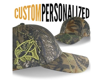 Custom Personalized Catfish Fishing Embroidery on Adjustable Classic Camo Baseball Cap Front Decor Selection and Options for Side and Back