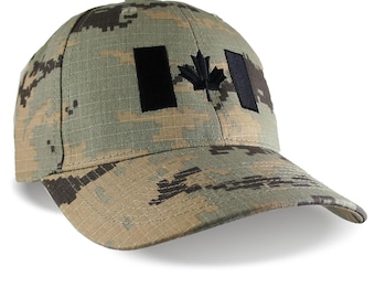 Canada Flag Black Embroidery on an Adjustable Structured Classic Tactical Khaki Digital Camo Baseball Cap with Options