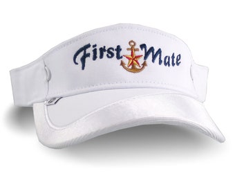 First Mate Nautical Star Anchor Embroidery on a White Adjustable Visor Cap Elegant Fashion Sun Hat