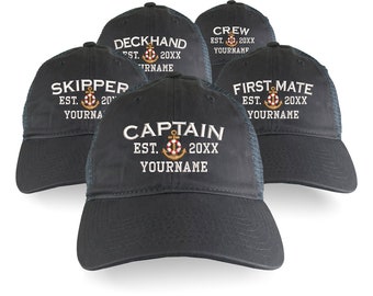 Custom Personalized Captain First Mate Skipper Deckhand Crew Embroidery on an Adjustable Unstructured Charcoal Cotton Trucker Mesh Cap