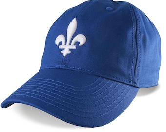 Quebec Fleur de Lys 3D Puff Raised Embroidery on an Adjustable Royal Blue Baseball Cap with Options to Personalize