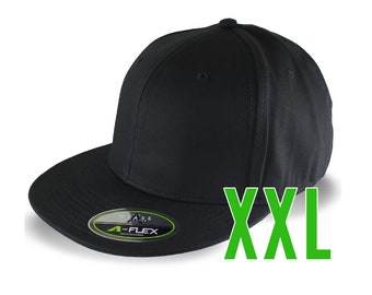 Blank or Custom Embroidery on an Oversized Double XL Fitted Structured XXL Flat Peak Black Baseball Cap with Options