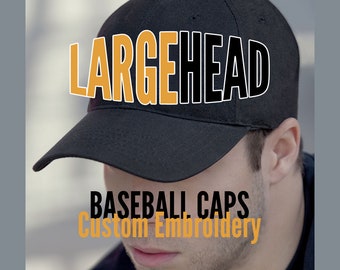 Large Size Head Custom Embroidery on an Oversize Adjustable Structured Full Fit Classic Black or Navy Baseball Cap + Personalization Options