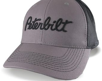Peterbilt Truck 3D Puff Embroidery Design on an Adjustable Grey and Black Structured Trucker Mesh Cap