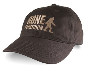 Gone Squatchin Humorous Sasquatch Bigfoot Silhouette Beige Embroidery on an Adjustable Brown Unstructured Baseball Cap